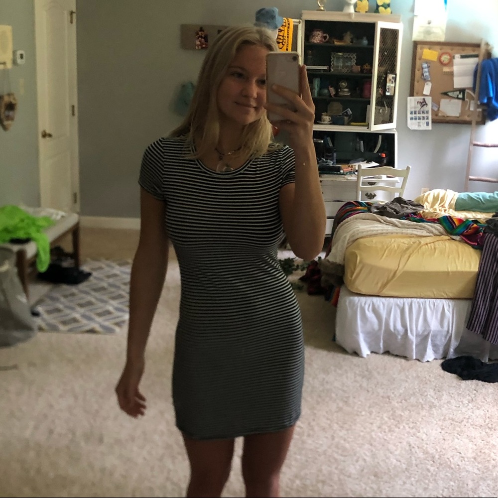 black & white striped midi length dress